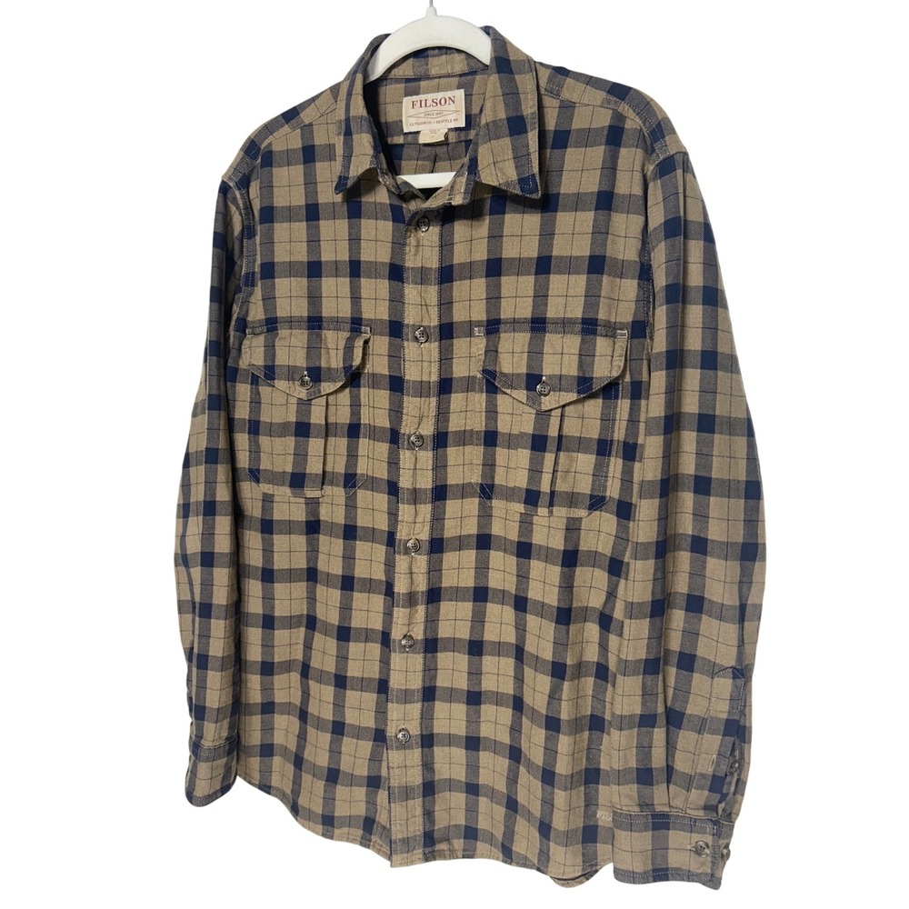 Filson Lightweight Flannel Guide Shirt Tan Navy Blue Plaid Sz Small Retail: $149